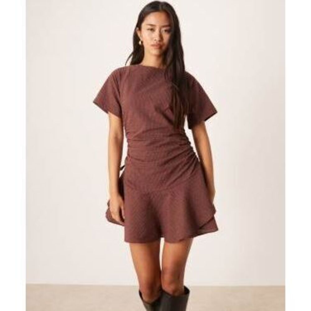 ASOS DESIGN short sleeve mini dress with ruching tie waist detail in berry chec…